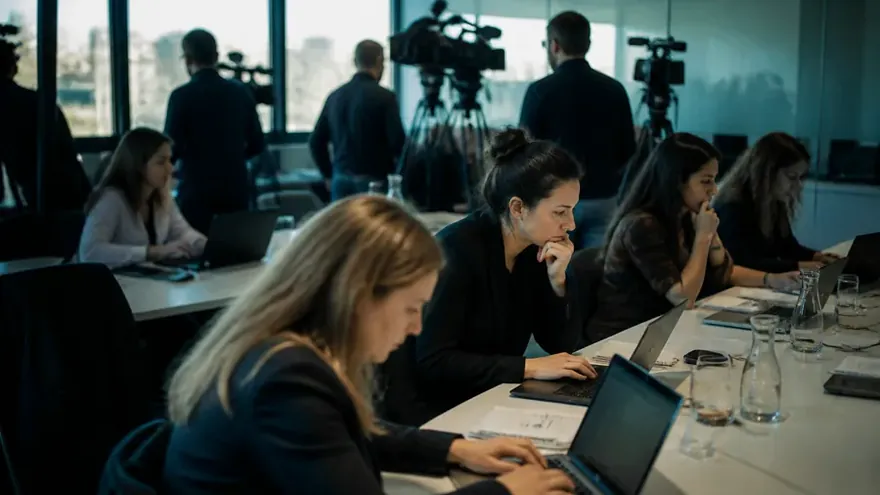 A newsroom on deadline: reporters at laptops with television cameras behind them