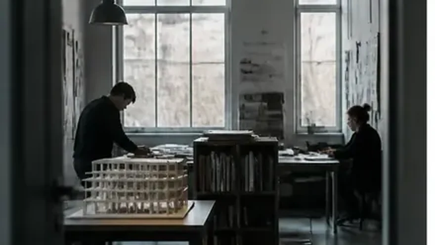 Someone working alone at a bench, concentrating on the piece in front of them